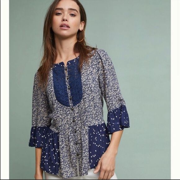Anthropologie Navy and Cream Blouse - Picture 1 of 10